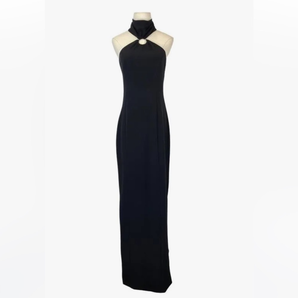 LBV Women's Black Crepe Halter Gown With Silver Hardware Size 4- New W/O Tags!